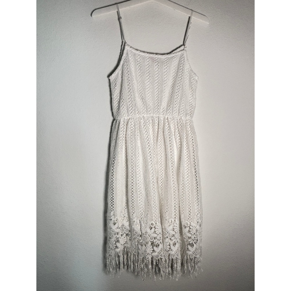 GB White Crochet Lace Fringe Mini Dress Boho Festival Sleeveless Small